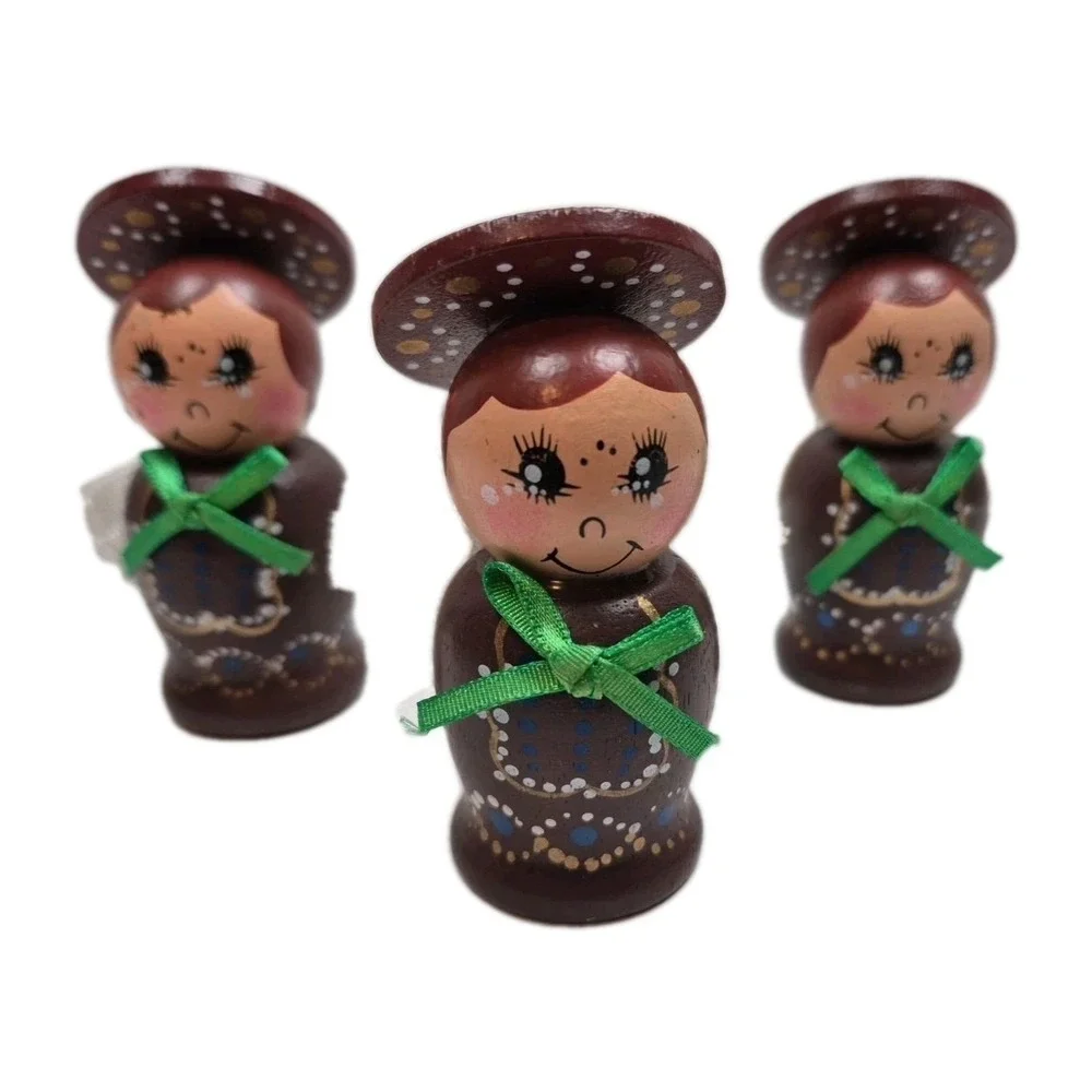 Vintage Hand‎ Painted Wooden Angel Ornaments Set of 3 Retro Kitsch Lace Wings